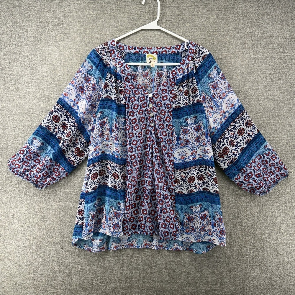 Fig and Flower Blouse Top Women Size Large Blue Floral 3/4 Sleeve Bohemian